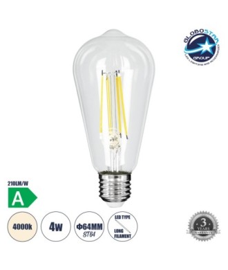 GLOBOSTAR® PEAR 99094 Λάμπα E27 ST64 LED 4W 840lm 360° AC 220-240V IP20 Φυσικό Λευκό 4500K - Long Filament Chip - Διάφανο - Μ6.4 x Π6.4 x Υ14.5cm - 3 Χρόνια Εγγύηση